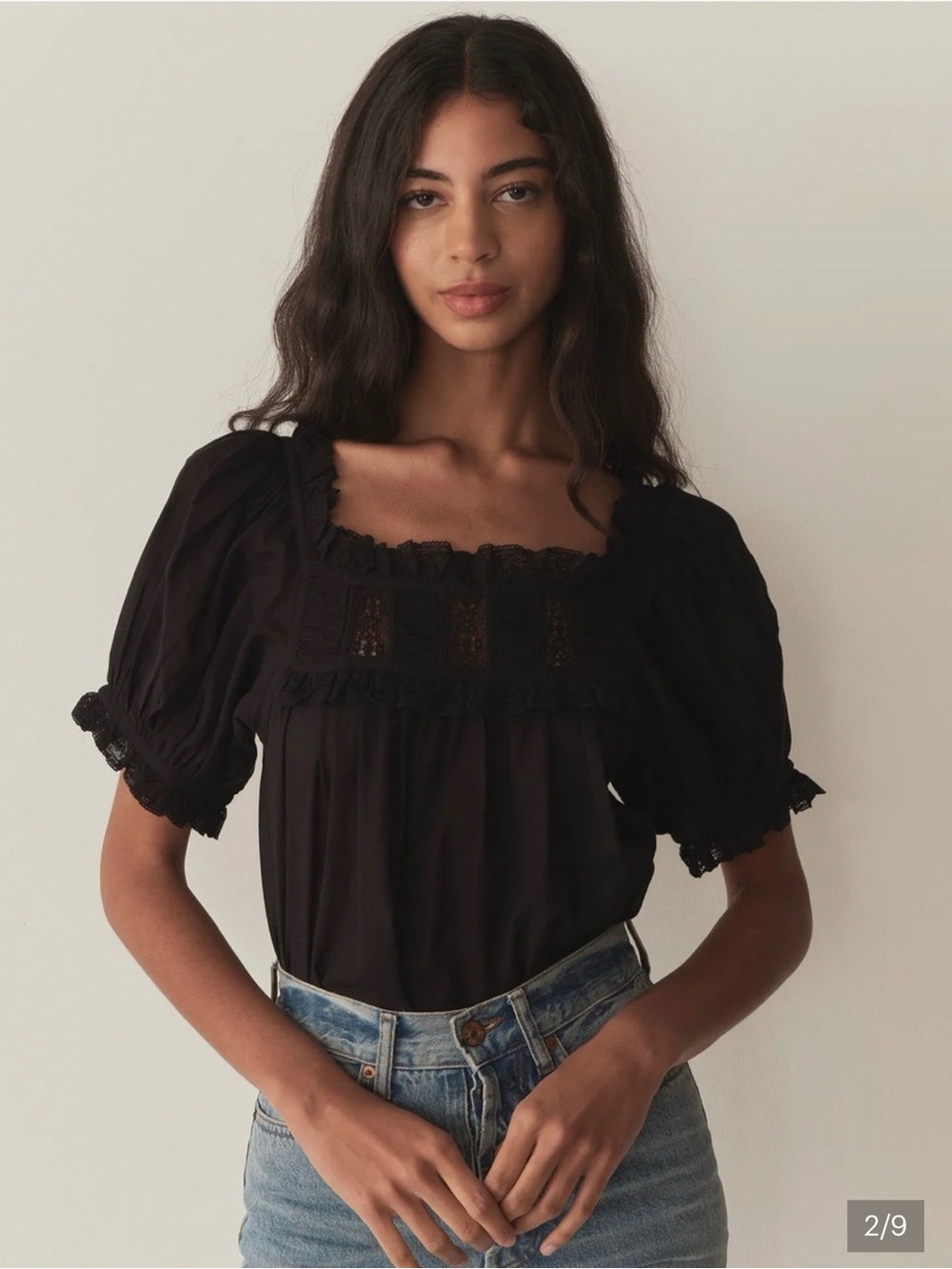 Doen Frances Black Lace-Trim Square Neck Puff Sleeve Blouse